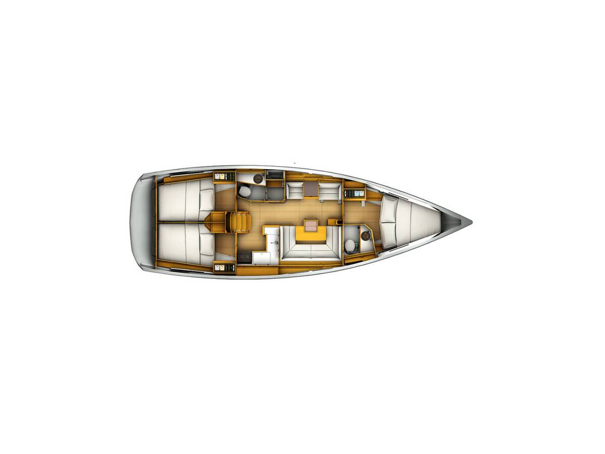Piantina indicativa degli interni del Jeanneau Sun Odyssey 409 con disposizione delle cabine e della dinette